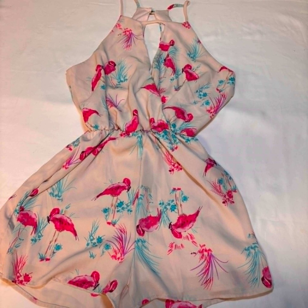 Everly Flamingo Print Halter Romper Cream Pink Tropical Size Small - Picture 4 of 8